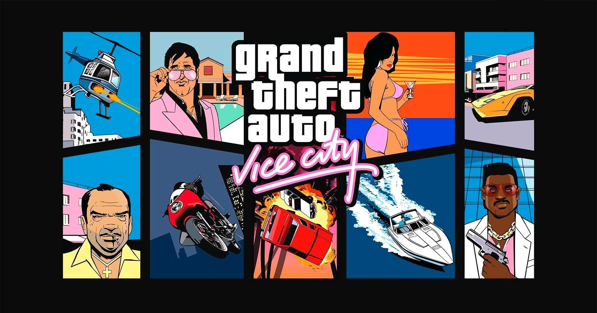 GTA Vice City cover art — Tommy Vercetti, Lance Vance, and the neon-lit streets of Vice City